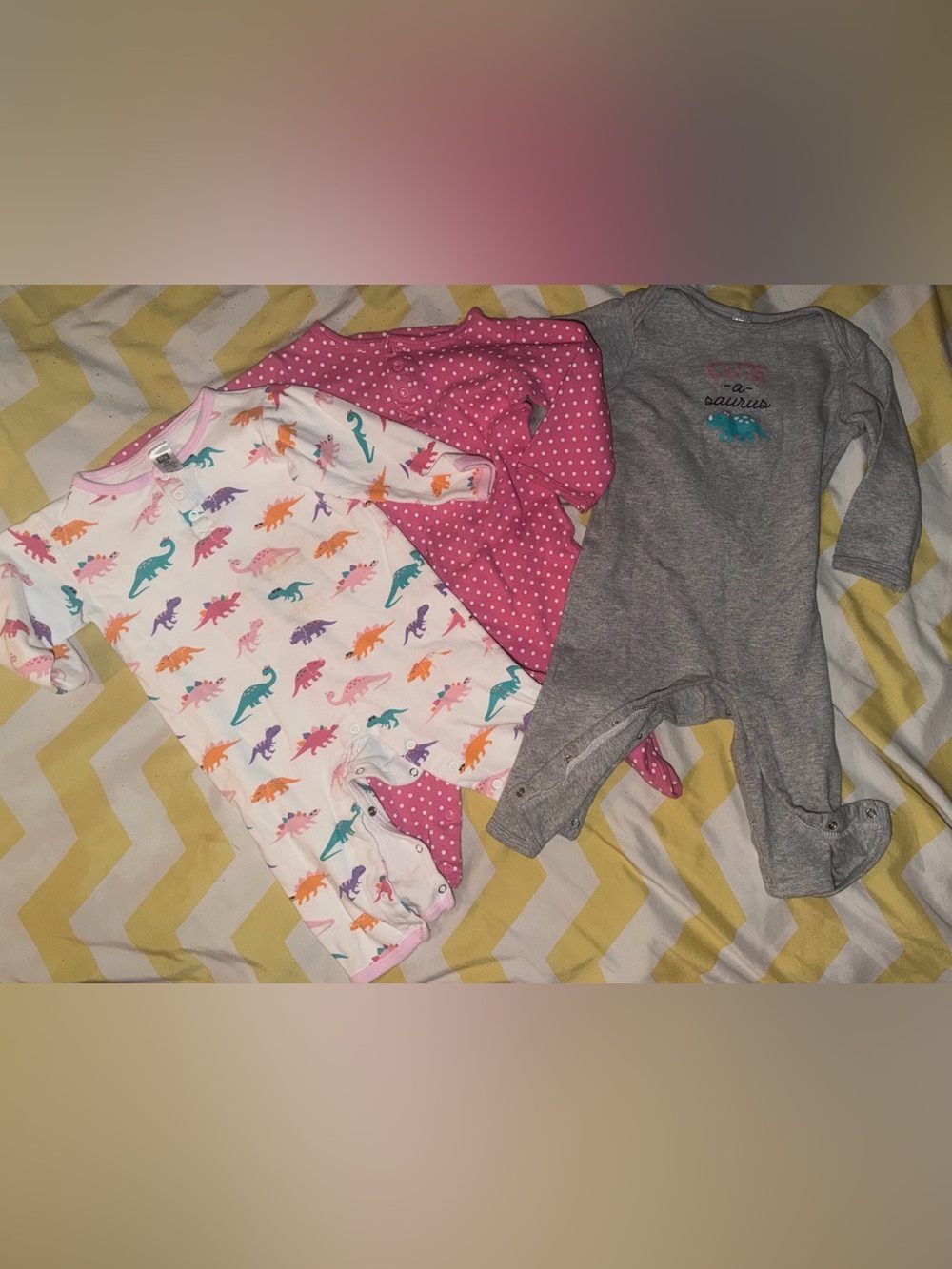 Baby Girls' Dino & Polka One-Piece Sleepers - Pink, Gray, Multi
